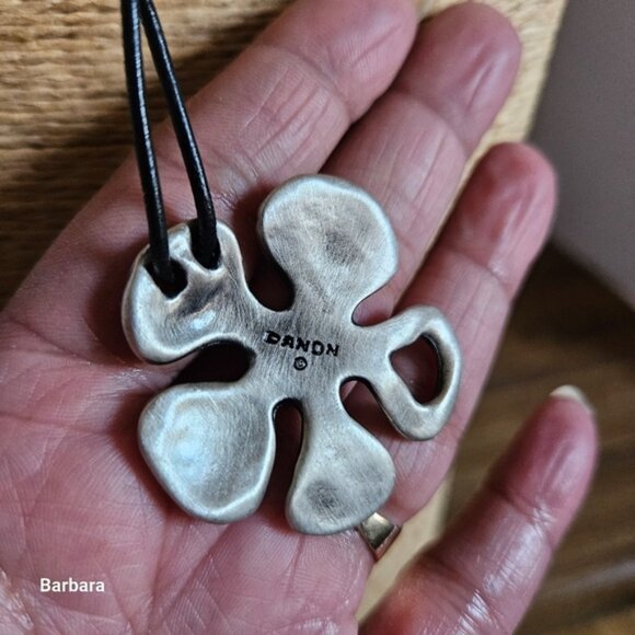 Vintage Danon Silver 5Petal Flower Pendant on Cord Necklace - Picture 3 of 5